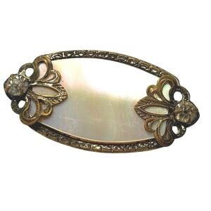 Vintage Mother of Pearl Rhinestone Oval Brooch Gold Tone Filigree Pin